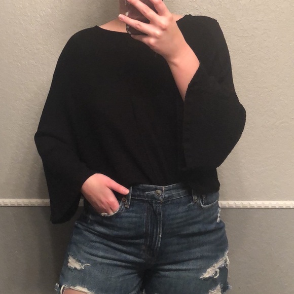 Anthropologie Maeve Black Wide Sleeve Crop Top - Picture 5 of 7